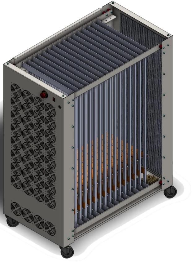 The cranking tester with its covers removed, showing the rows of load modules inside, 3D render
